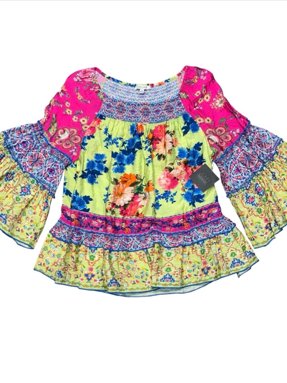 John Mark Boho Floral Ruffle Blouse Pink Green Smocked Spring Ladies Small NWT